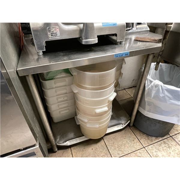 Stainless steel table & group of plastic bins - 42x25x33"