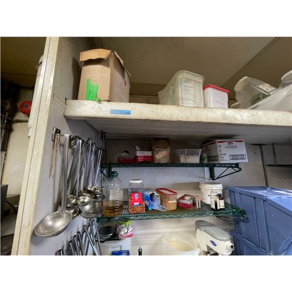 Group - Contents on wire shelf & wall including tongs, ladles, ingredients