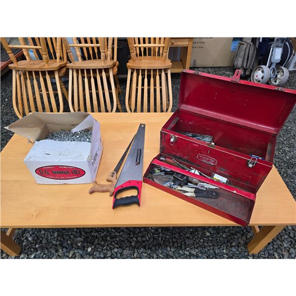 306 -- BOX OF 1 1/2" NAILS, VARIETY OF TOOLS AND HAND SAW