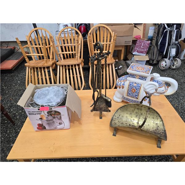 318 -- FIRE PLACE POKER SET AND WOOD HOLDER AND MORE