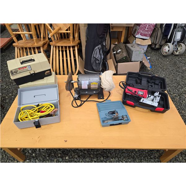 322 -- 2 EMPTY TACKLE BOXES, UNDERCUT SAW BENCH GRINDER AND MORE