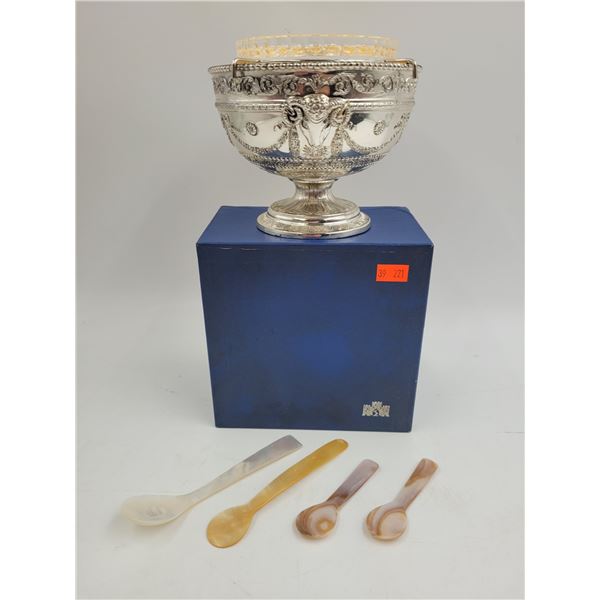 Silver-Plated Holy Water Pedestal Bowl & 4 Caviar Spoons