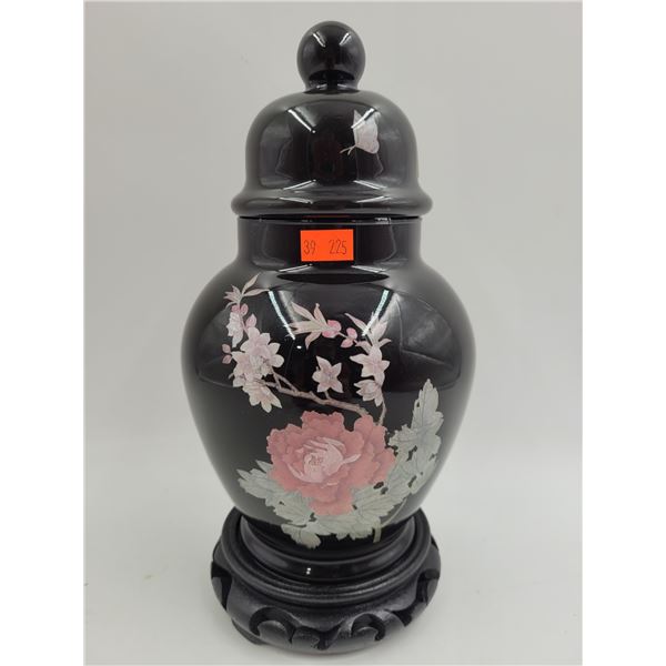 Floral Chinese Urn w/ Wooden Stand