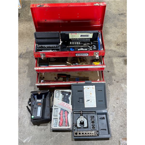 Stanley Tool Boxes With Tools: Rivet Gun, Sockets, Wrench, Tape Measure, & More