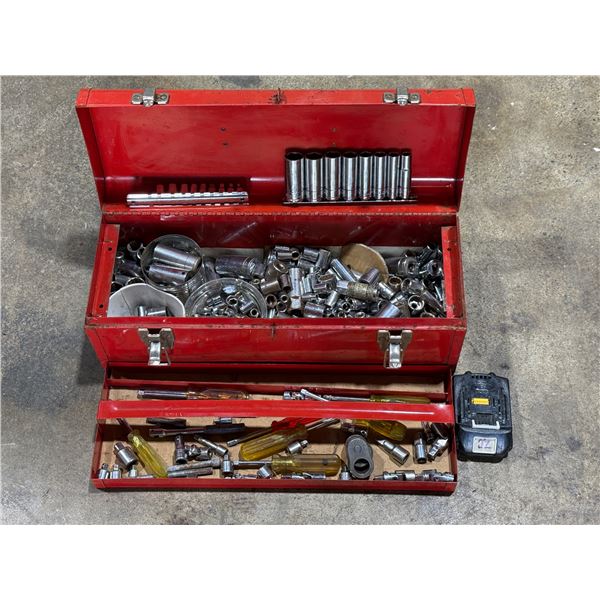 Tool Box With Assorted Tools: Makita Battery, Sockets, & More