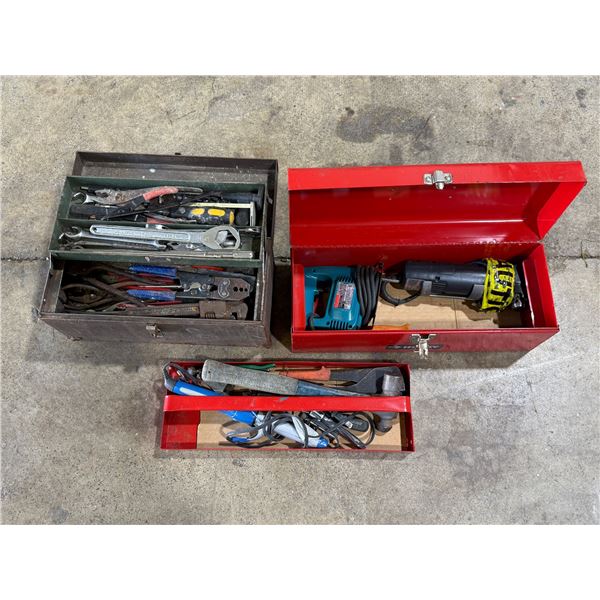 (2) Tool Boxes With Assorted Tools: Crimper, Wrench, Makita Jig Saw, & More