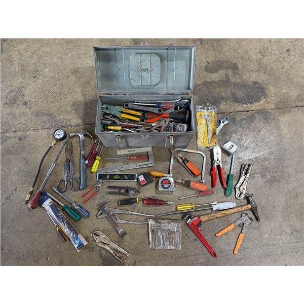 Tool Box With Assorted Tools: Hammers, Tape Measures, Screwdrivers, Level, Caliper, & More