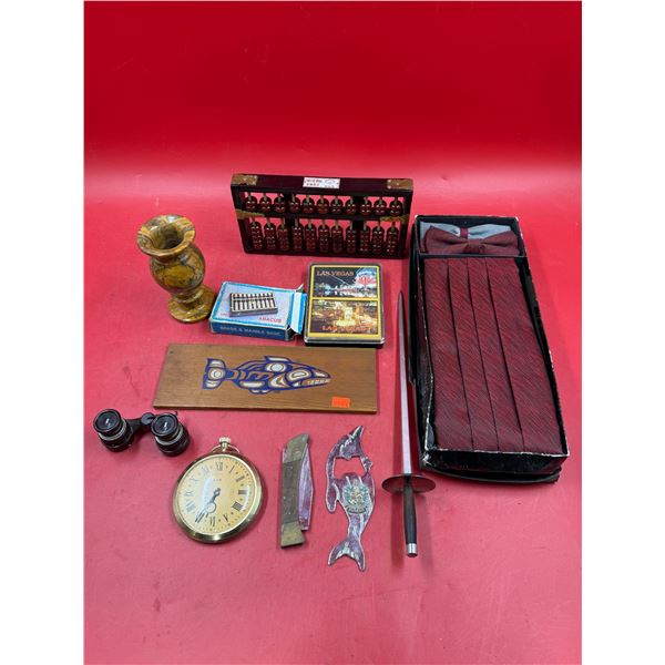 Vintage Variety: Abacus, Ties, Vase, Clock, Binoculars, Knife, Knife Sharpener, & More