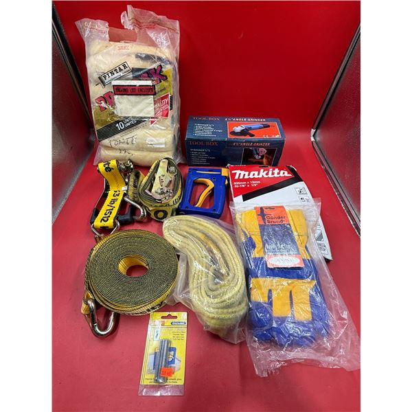Assorted Tools: Angle Grinder, Work Gloves, Straps, Roller Paint Brush Heads, Stapler, & More