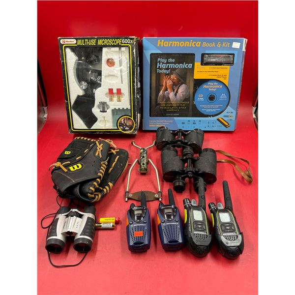 Variety Lot: Walkie Talkies, Harmonica Book & Kit, Wilson Baseball Glove, Binoculars, Slingshot, & M