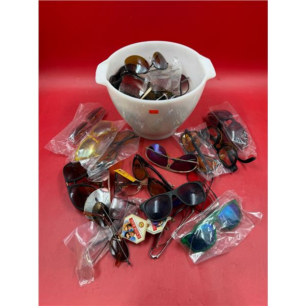 Assorted Sunglasses & Milk Glass Mixing Bowl