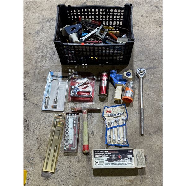 Assorted Tools: Hammer, Ratchet, Wrenches, Screwdriver, Clamp, & More
