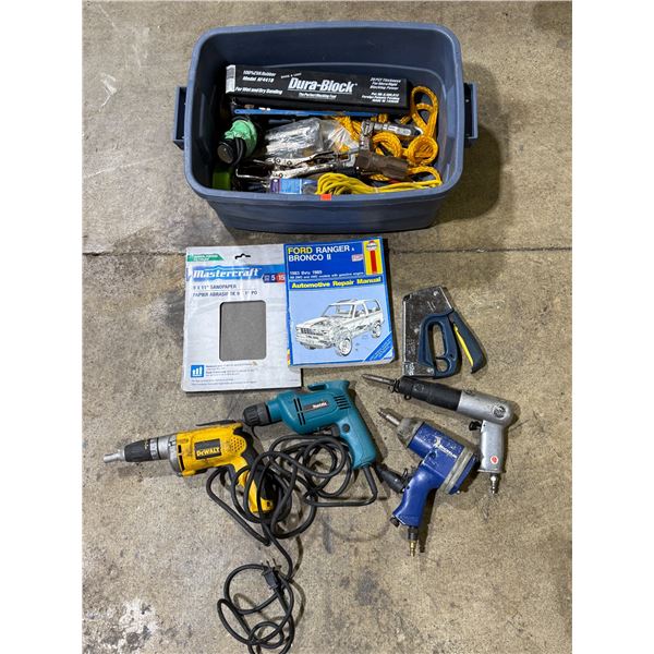 Assorted Tools: Dewalt Electric Drill, Makita Electric Drill, Pneumatic Tools, Stapler, & More