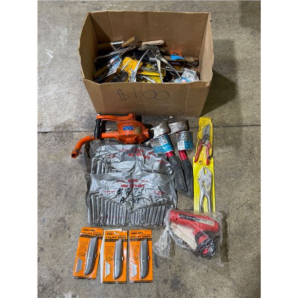Assorted Tools: Utility Knives, Snips, Pliers, Axes, Allen Keys, & More