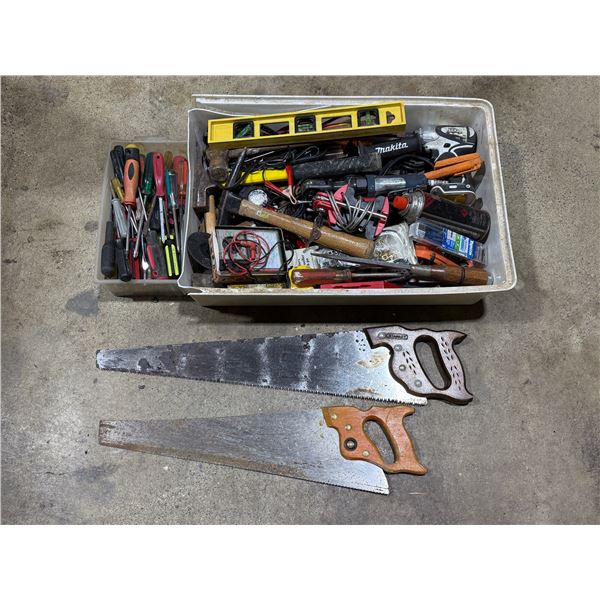Assorted Tools: Saws, Screwdrivers, Hammer, Level, Makita Drill, & More