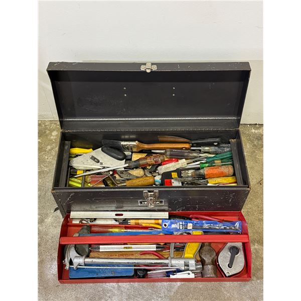 Tool Box With Assorted Tools: Hammers, Screwdrivers, Levels, & More