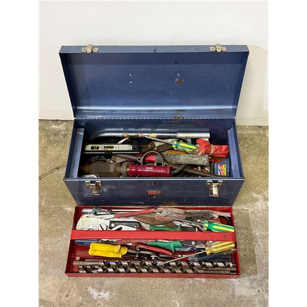 Vintage Beach Tool Box With Assorted Tools: Drill Bits, Screwdrivers, Level, Snips, Measuring Tape, 