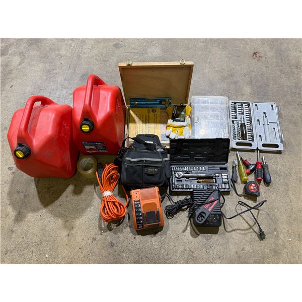 Assorted Tools: Jerry Cans, Extension Cord, Screwdrivers, Tool Belt, & More