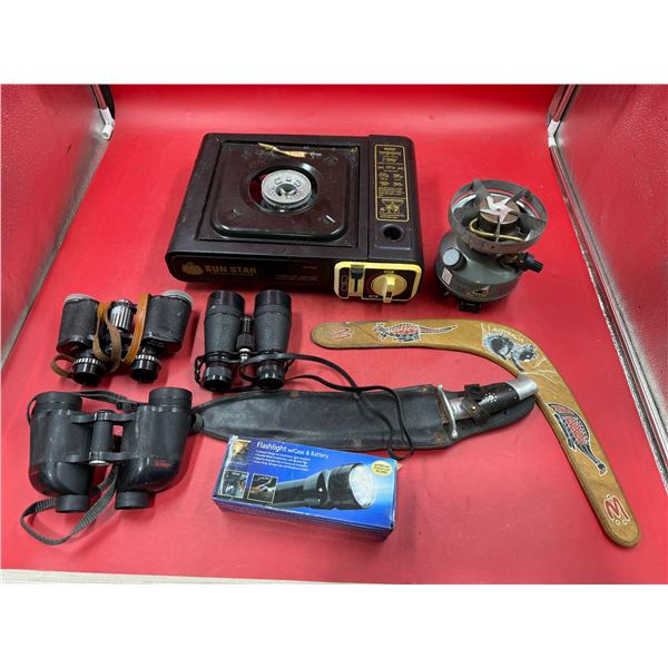 Vintage Variety: Boomerang, Camping Stove, Binoculars, Knife, & Flashlight