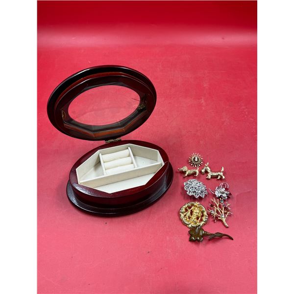 Floral Etched Glass Jewelry Box With Assorted Brooches