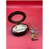 Image 1 : Floral Etched Glass Jewelry Box With Assorted Brooches