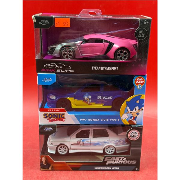 (3) Sealed Die Cast Cars: Sonic 1997 Honda Civic Type R, Fast & Furious Volkswagen Jetta, & Pink Sli