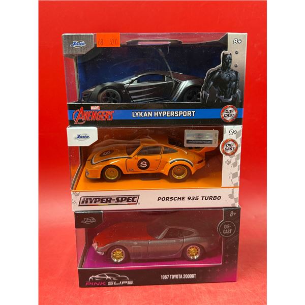 (3) Sealed Die Cast Cars: Avengers Lykan, Jada Porsche 935 Turbo, & Pink Slips 1967 Toyota 2000GT