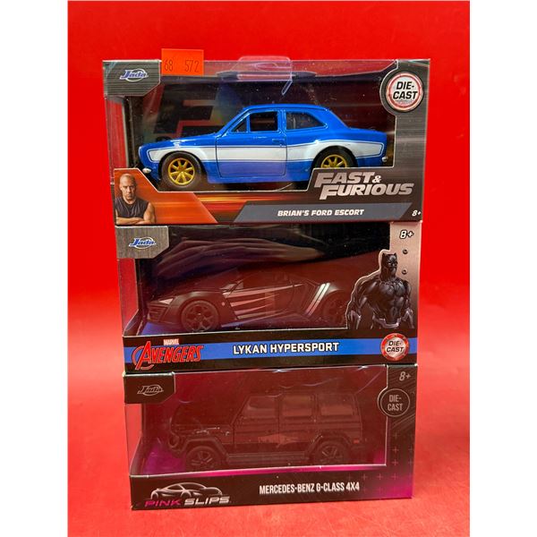 (3) Sealed Die Cast Cars: Avengers Lykan, Fast & Furious Brian's Ford Escort, & Pink Slips Mercedes-