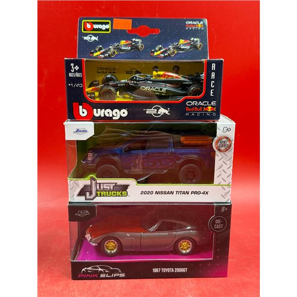 (3) Sealed Die Cast Cars: Burago Red Bull, Just Trucks 2020 Nissan Titan Pro-4X, & Pink Slips 1967 T