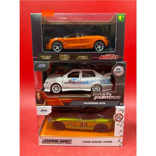 (3) Sealed Die Cast Cars: Montoy, Fast & Furious Volkswagen Jetta, & Jada 2008 Dodge Viper