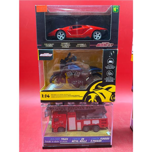 (3) Sealed Die Cast Vehicles: Montoy Motorcycle, Montoy Sports Car, & Fire Truck