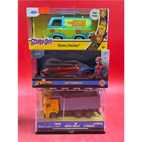 (3) Sealed Die Cast Cars: Scooby-Doo! Mystery Machine, Spider-Man 2017 Ford GT, & Dump Truck