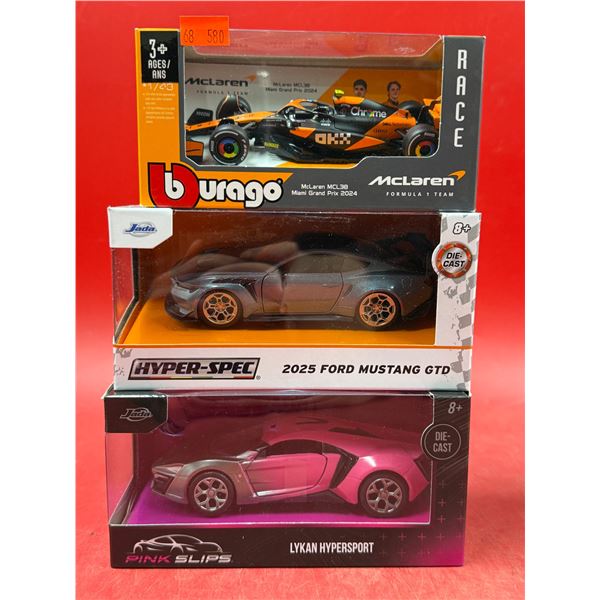 (3) Sealed Die Cast Cars: Burago McLaren, Jada 2025 Ford Mustang GTD, & Pink Slips Lykan