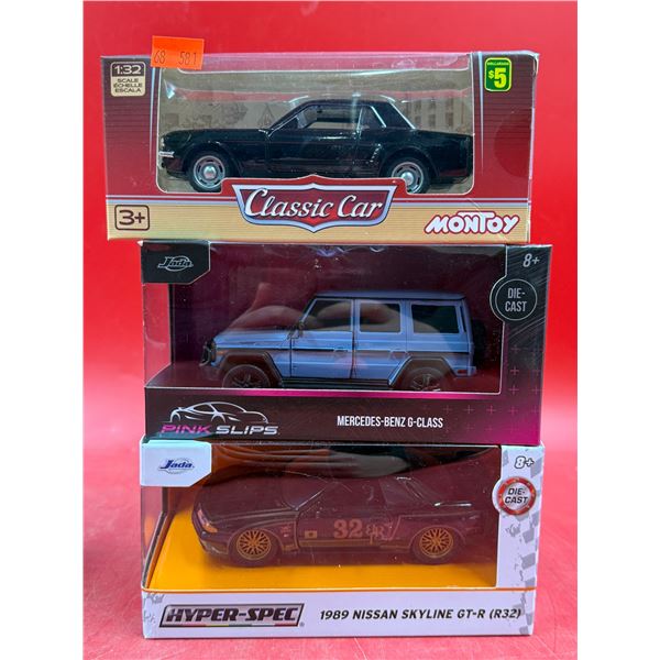 (3) Sealed Die Cast Cars: Montoy Classic Car, Pink Slips Mercedes-Benz G-Class, & Jada 1999 Nissan S