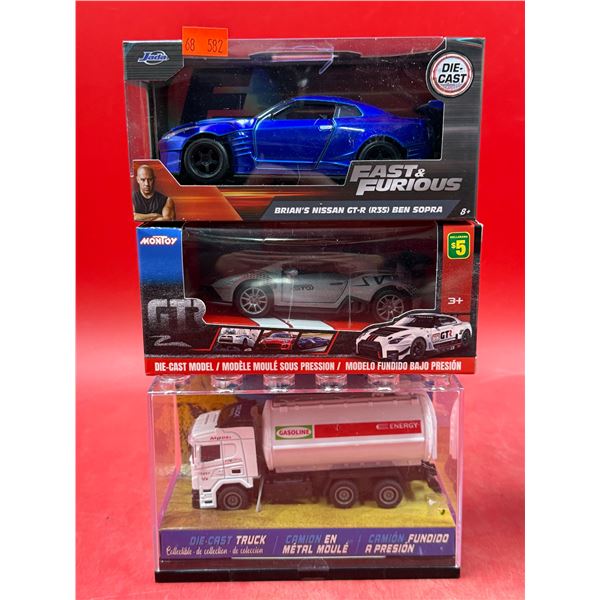 (3) Sealed Die Cast Cars: Fast & Furious Brian's Nissan GT-R, Montoy Sports Car, & Gasoline Truck