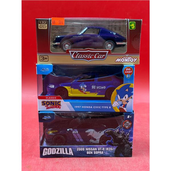 (3) Sealed Die Cast Cars: Montoy Classic Car, Sonic 1997 Honda Civic Type R, & Godzilla 2009 Nissan 