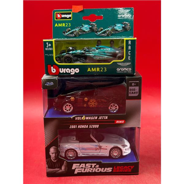 (3) Sealed Die Cast Cars: Burago AMR23, JAda Volkswagen Jetta, & Fast & Furious 2001 Honda S2000