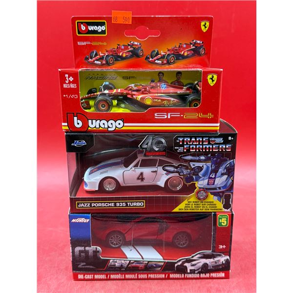 (3) Sealed Die Cast Cars: Burago SF-24, Jada Jazz Porsche 935 Turbo, & Montoy Sports Car