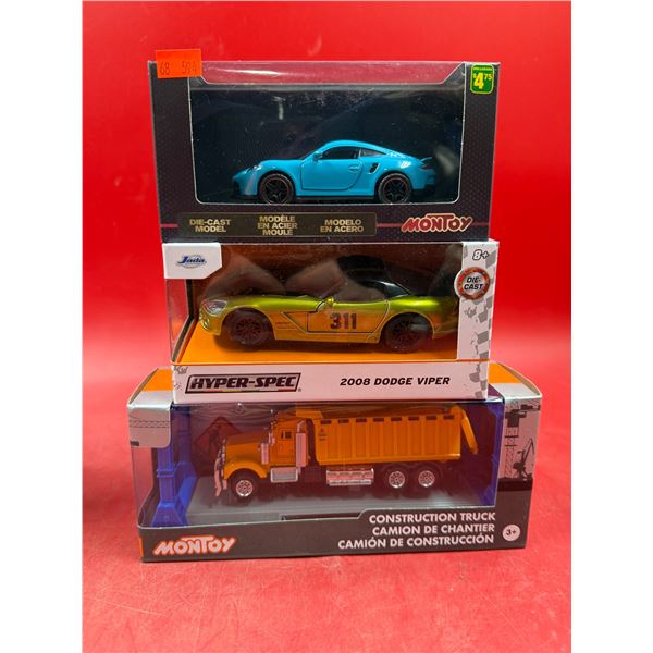 (3) Sealed Die Cast Cars: JAda 2008 Dodge Viper, Montoy Construction Truck, & Montoy Sports Car