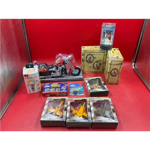 Assorted Toys, Home Decor, & Light Bulb: Funko, Airplanes, Motorcycle