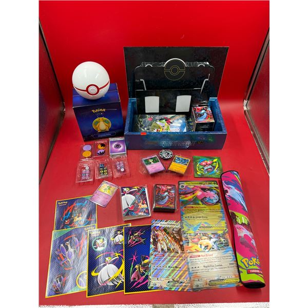 Assorted Pokemon Cards, Poke Ball, Playing Mat, Large Cards, Stickers, Dice, & More
