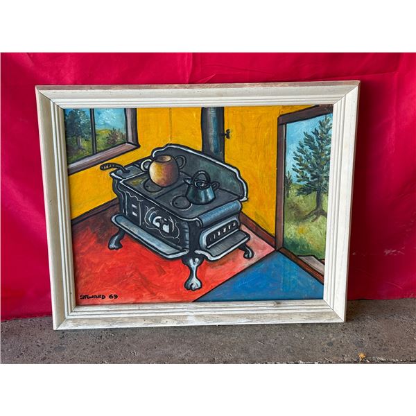 1969 Steward Signed Original Oil On Canvas Painting - Old Wood Burning Stove