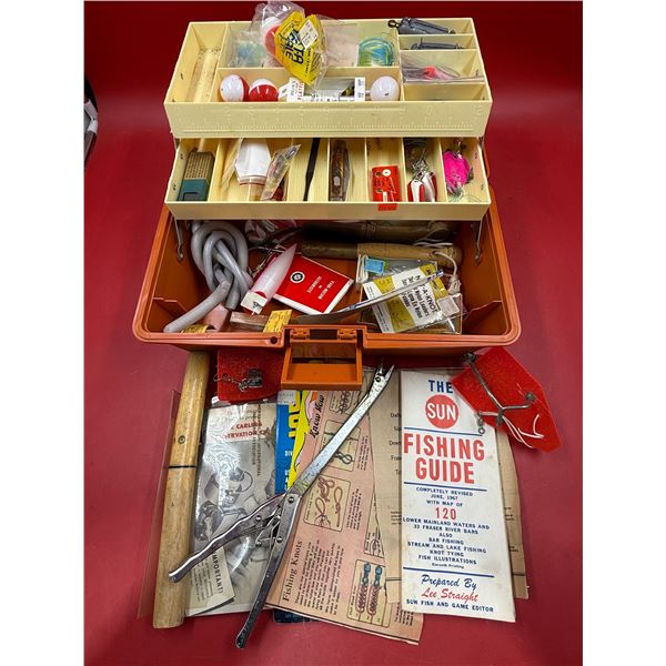 Vintage Tackle Box With Assorted Fishing Accessories: Lures, Guides, Knife, & More