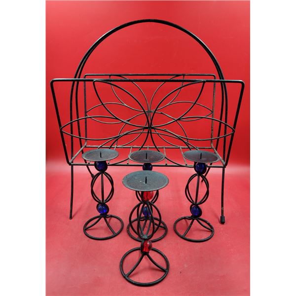 (4) Candle Holders & Metal Magazine Holder