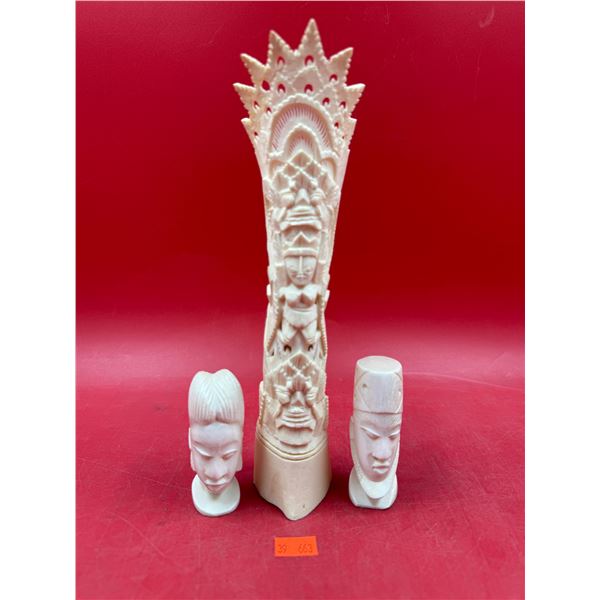 Hand Carved Bone Figurine & Imitation Ivory Busts
