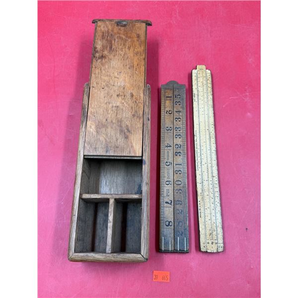 Vintage Wooden Slide Top Box & (2) Measuring Sticks