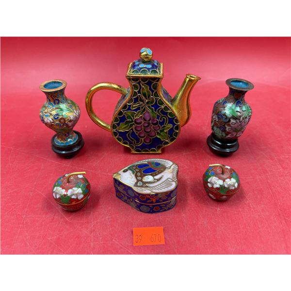 Vintage Miniature Cloisonne Collectibles: Teapot, Vases, Trinket Boxes