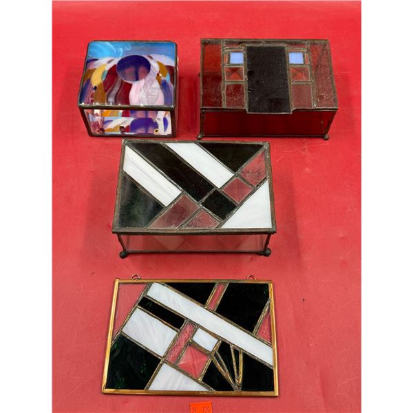 (4) Stain Glass Art Pieces : (3) Trinket Boxes (1) Hanging Panel