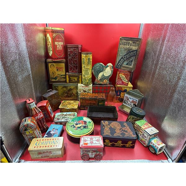 Assorted Tins (Some Vintage): Cream Crackers, Coca-Cola, Hungry Jack, & More