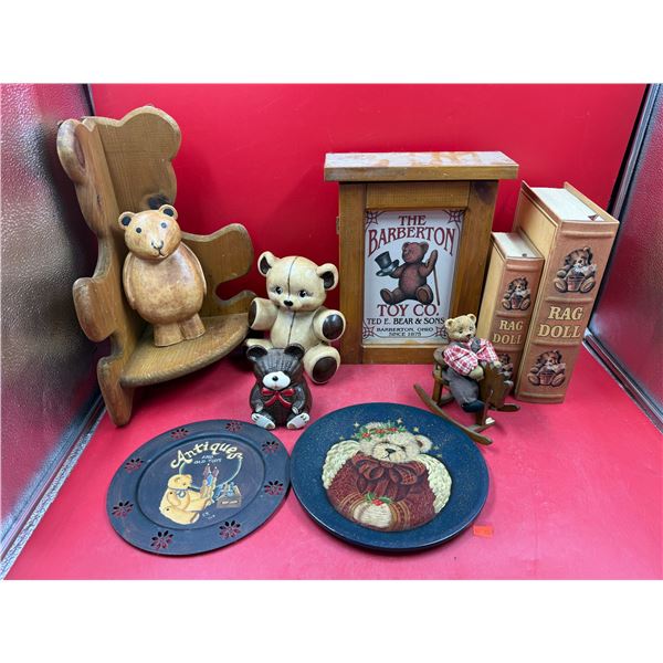 Bear Collectibles: Corner Shelf, Storage Books, Plates, Figurines, & More